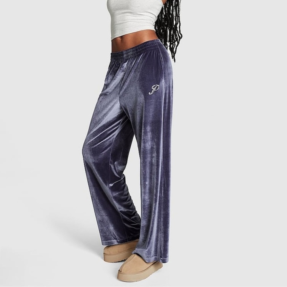 VICTORIA’S SECRET PINK Velour Shine Logo Wide-leg elastic waist pants XS EUC
